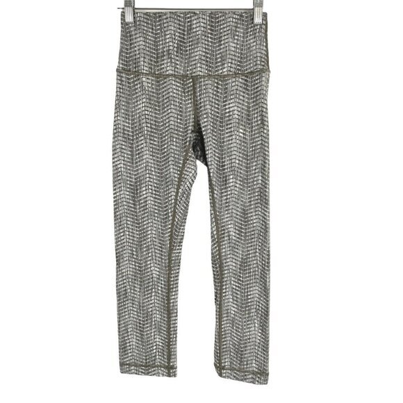 Lululemon Wunder Under Crop High Rise Leggings Green‎ Print Women's Size 4 - Picture 1 of 7